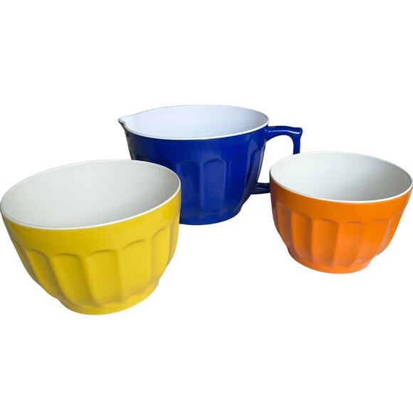 Three Piece Color Block Melamine Mixing Nesting Bowl Set w Pancake Pitcher - Picture 1 of 13